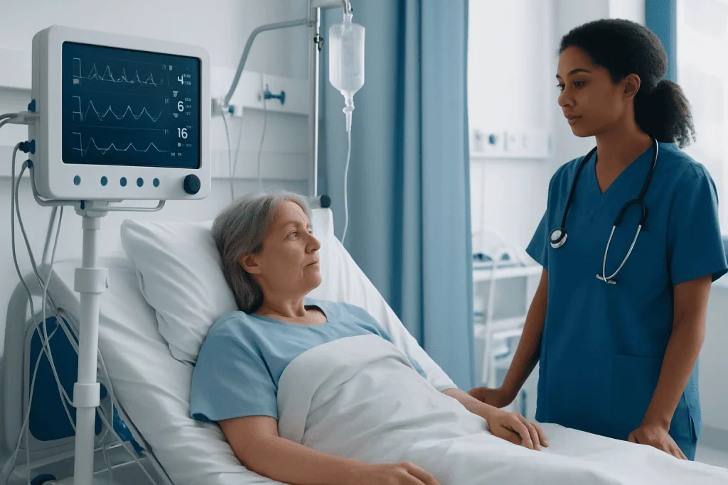 Hospital nurse consulting elderly patient with pneumonia symptoms in hospital room.