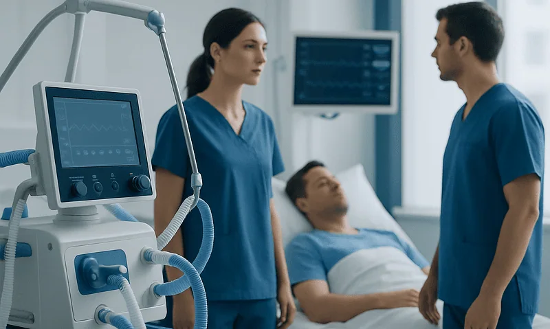 Medical team discussing patient care in hospital room with ventilator and monitors.