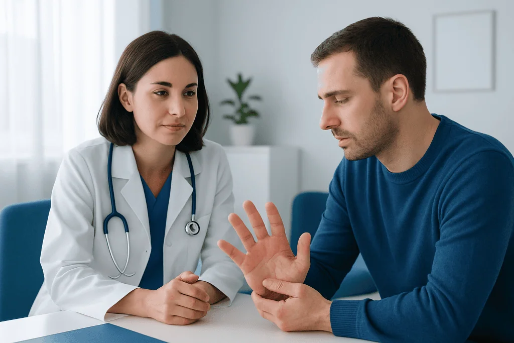 Doctor examining patient's hand for skin issues in a clinic setting.