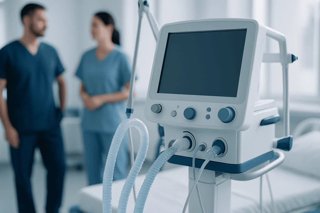 Medical ventilator machine in a hospital room with two healthcare professionals in the background.