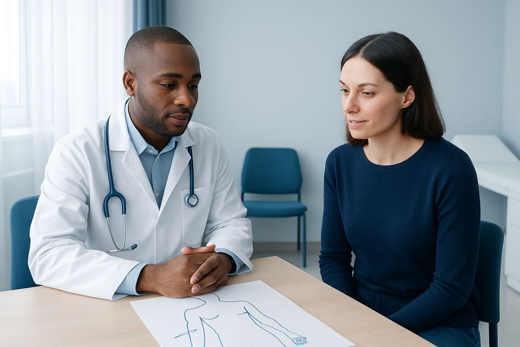 Doctor explaining medical diagram to female patient in consultation room.