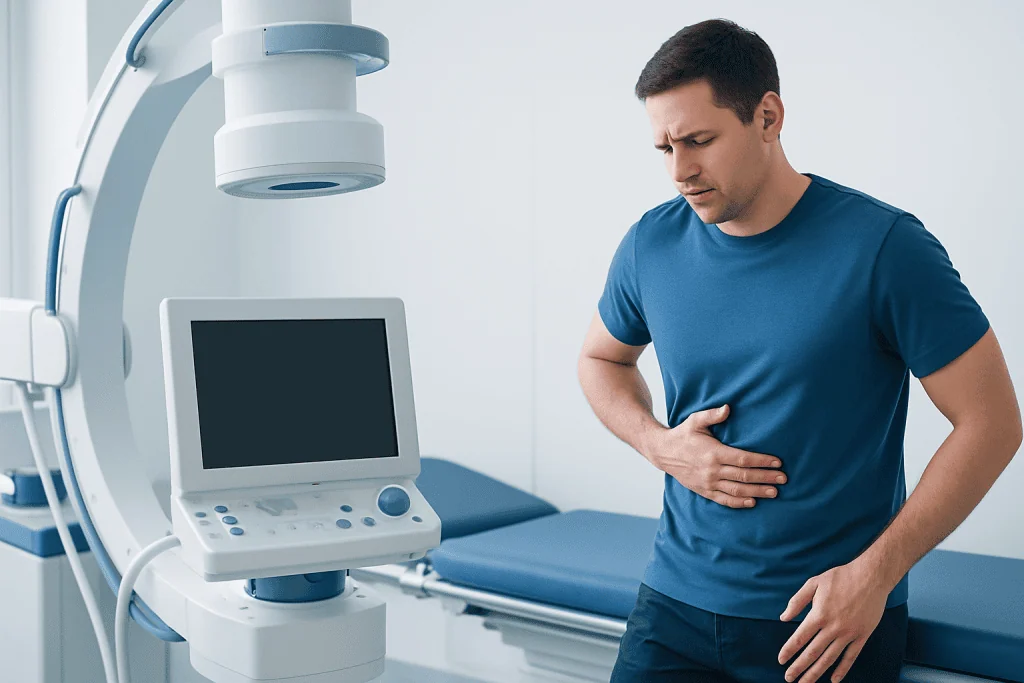 Man experiencing chest pain in a medical examination room.