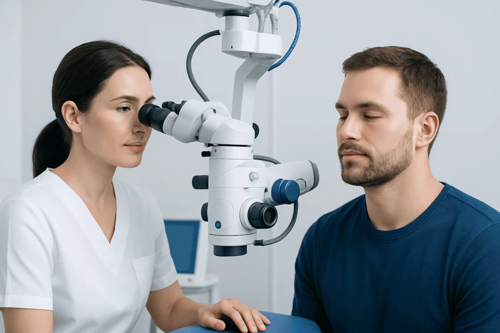 Otolaryngologist examining patient's ear with a microscope in a clinical setting.