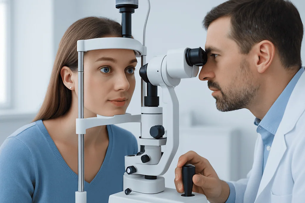 Optometrist examines patient's eyes with slit lamp in clinic.