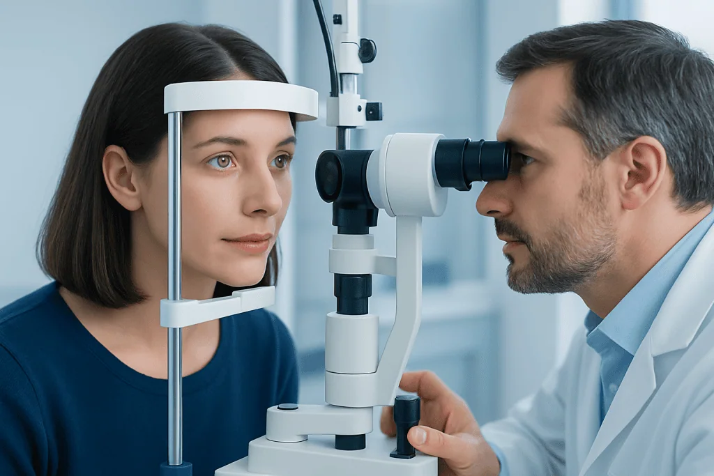 Optometrist examines woman's eye using slit lamp in clinic setting.