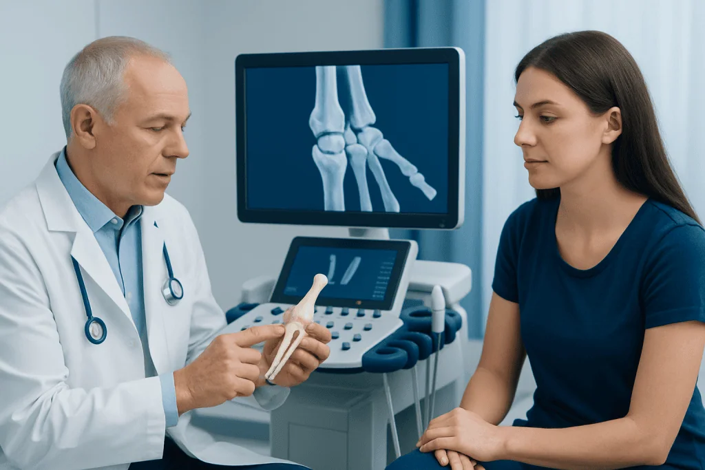 Doctor explaining finger X-ray to patient in a medical consultation room.