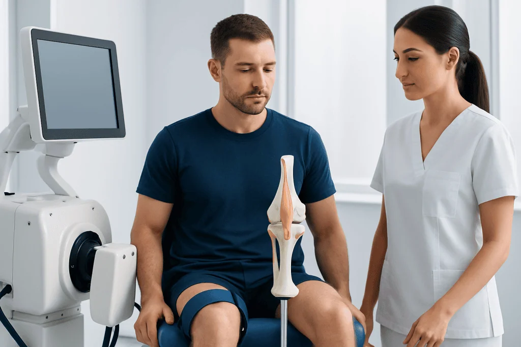 Medical professional explains knee anatomy to patient during examination.