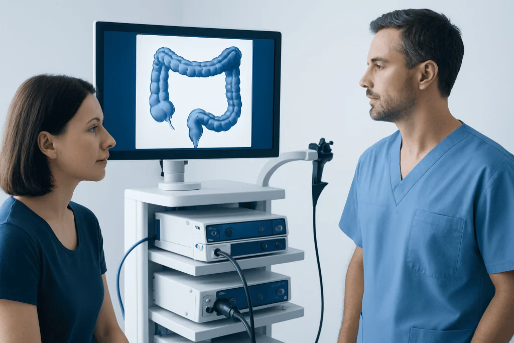Medical professionals discussing a colonoscopy image on a monitor.
