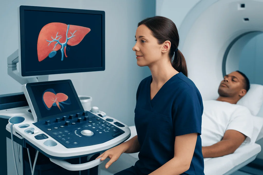 Medical professional monitoring liver health with ultrasound imaging.