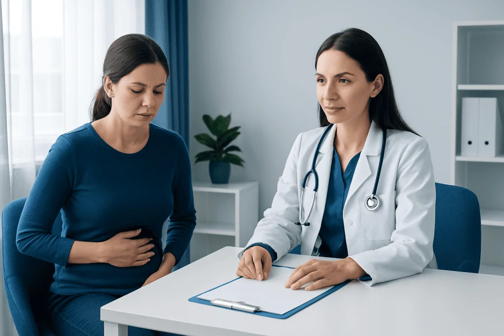 Doctor consulting a patient about digestive health in a clinical setting.
