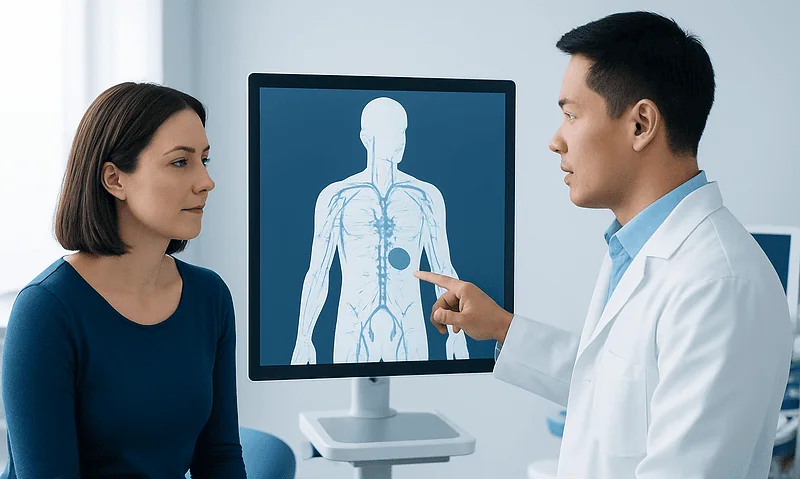 Doctor explaining lymphatic system to patient in medical consultation room.