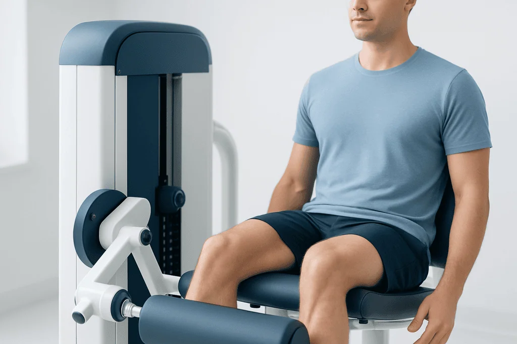 Patient using seated leg curl machine for knee exercise at Acibadem Hospital.