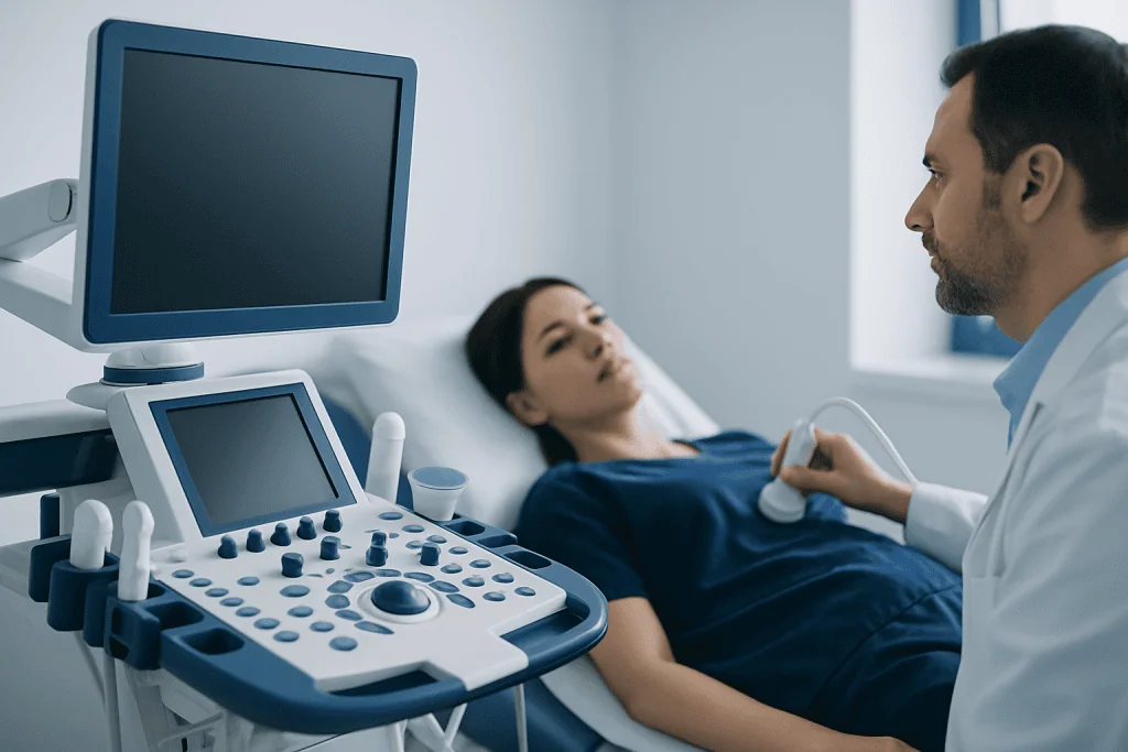 Doctor performing ultrasound scan on a patient in a hospital room.