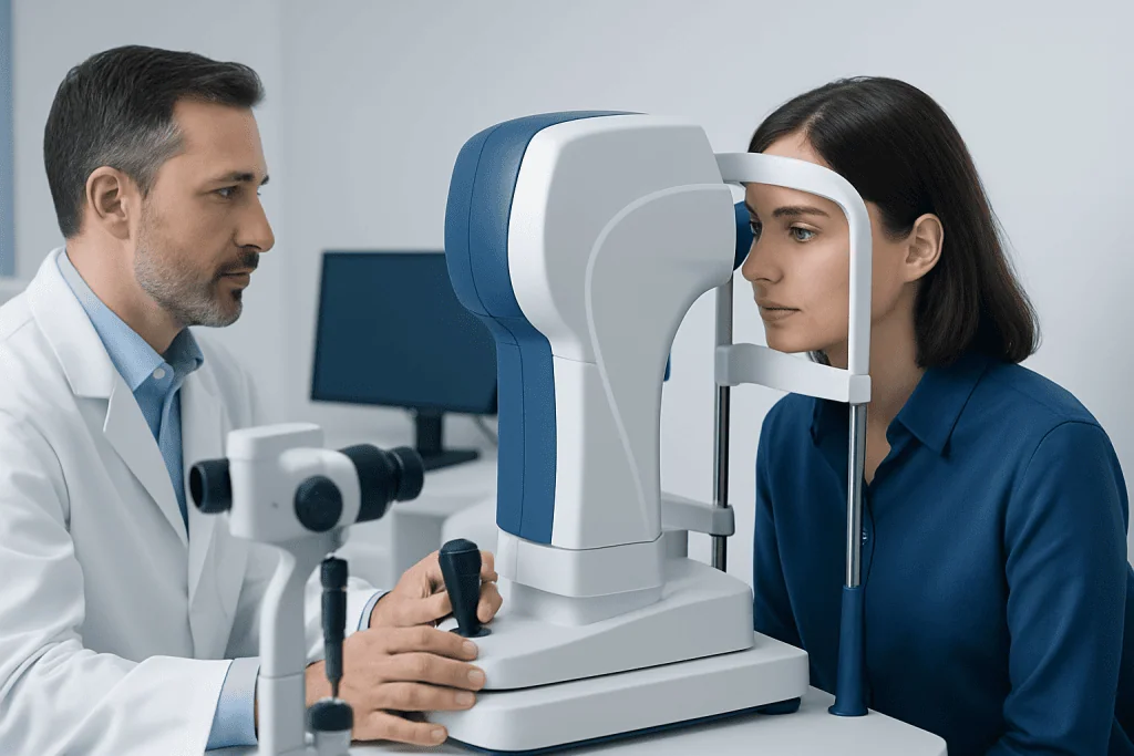 Optometrist performing eye exam with advanced equipment at Acibadem Hospital.