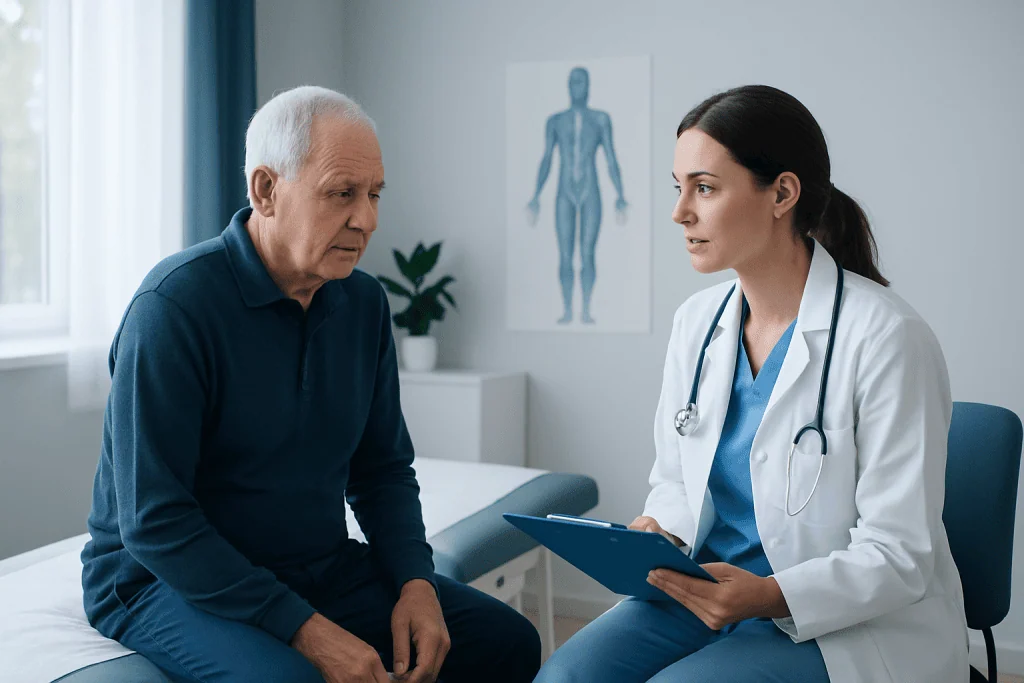 Doctor consulting with an elderly male patient in a medical office.