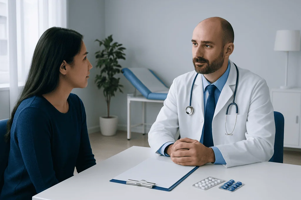 Doctor consulting with a patient in a modern clinic setting.
