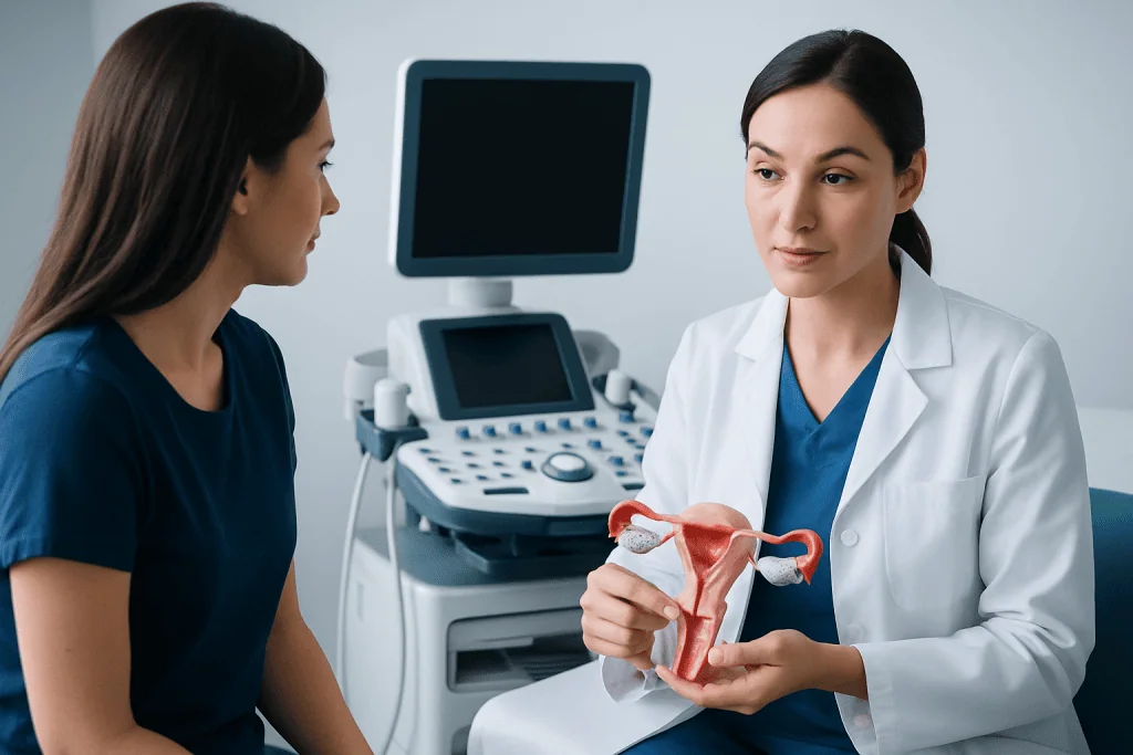 Doctor explaining uterine health to a patient in a medical clinic.
