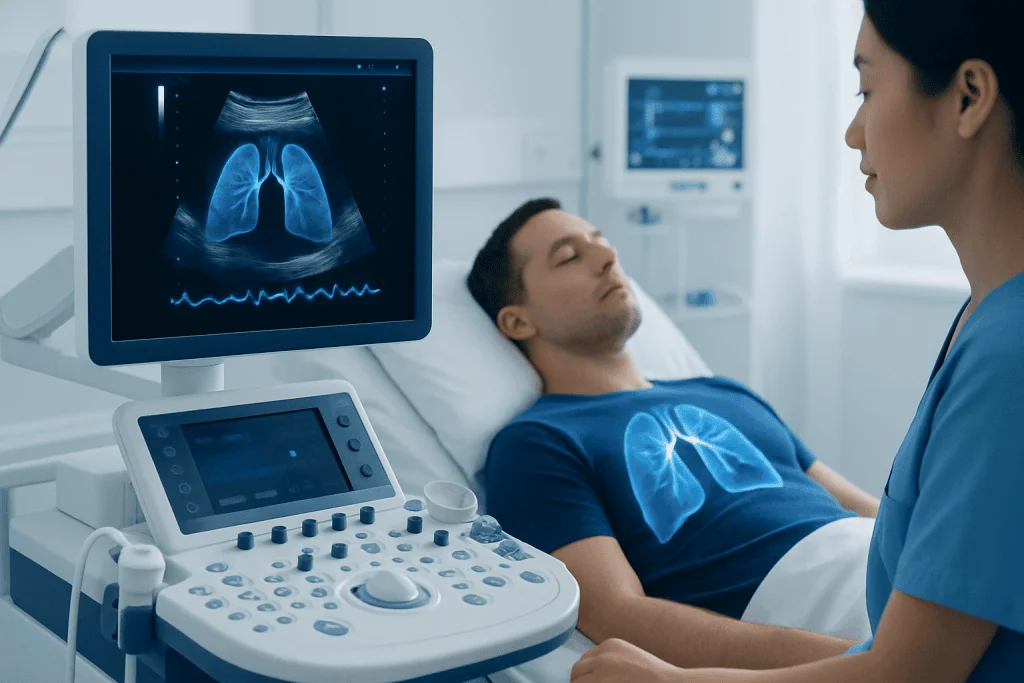Patient undergoing lung ultrasound examination at Acibadem Hospital.