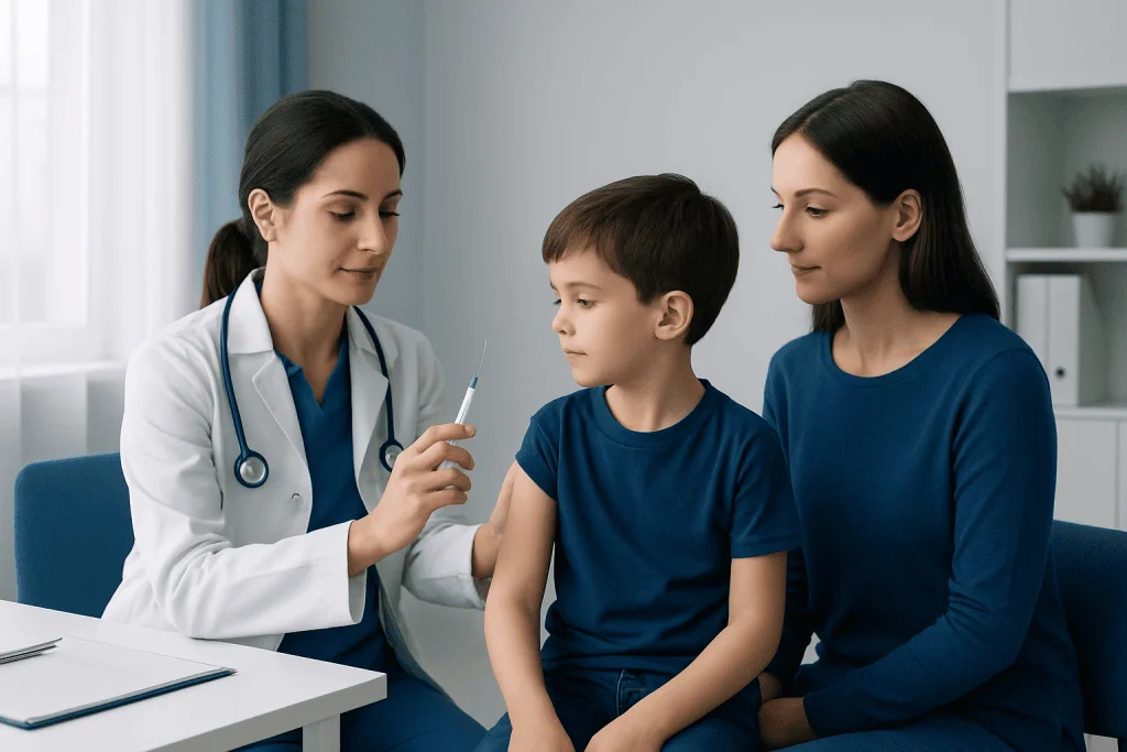 Pediatric vaccination consultation at Acibadem Hospital with doctor and mother.