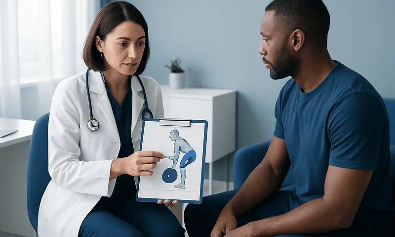 Doctor explaining deadlift muscles to patient with diagram.