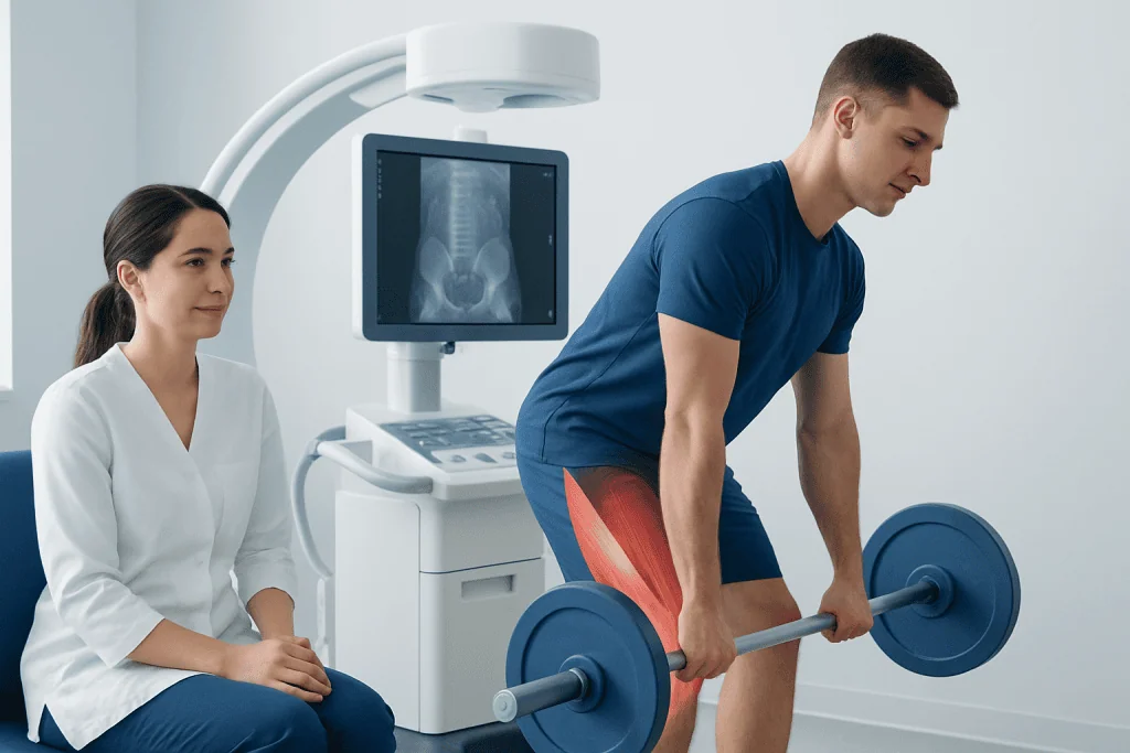 Patient performing deadlift exercise in a medical setting with doctor observing.