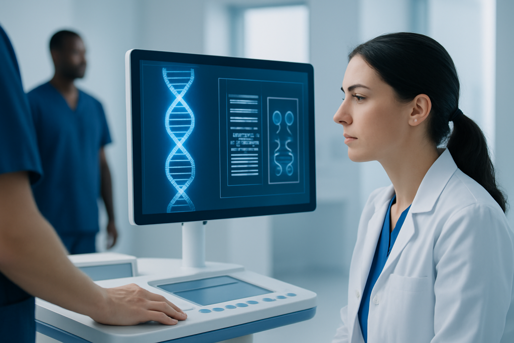 Medical professionals analyzing DNA data on a computer screen in a hospital setting.