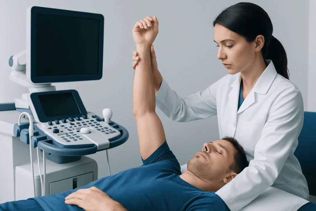 Medical professional performing Neer test on patient in clinical setting.