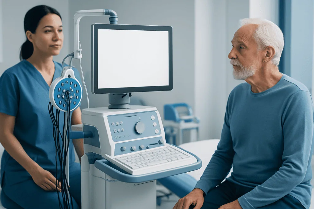 Senior man undergoing a medical examination with ultrasound equipment at Acibadem Hospital.