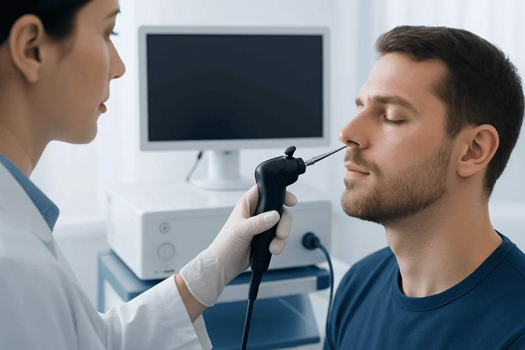 ENT doctor examining patient's nose with endoscope in clinic.