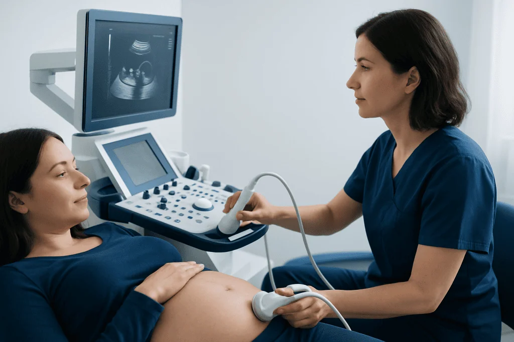 Ultrasound examination of a pregnant woman at Acibadem Hospital.