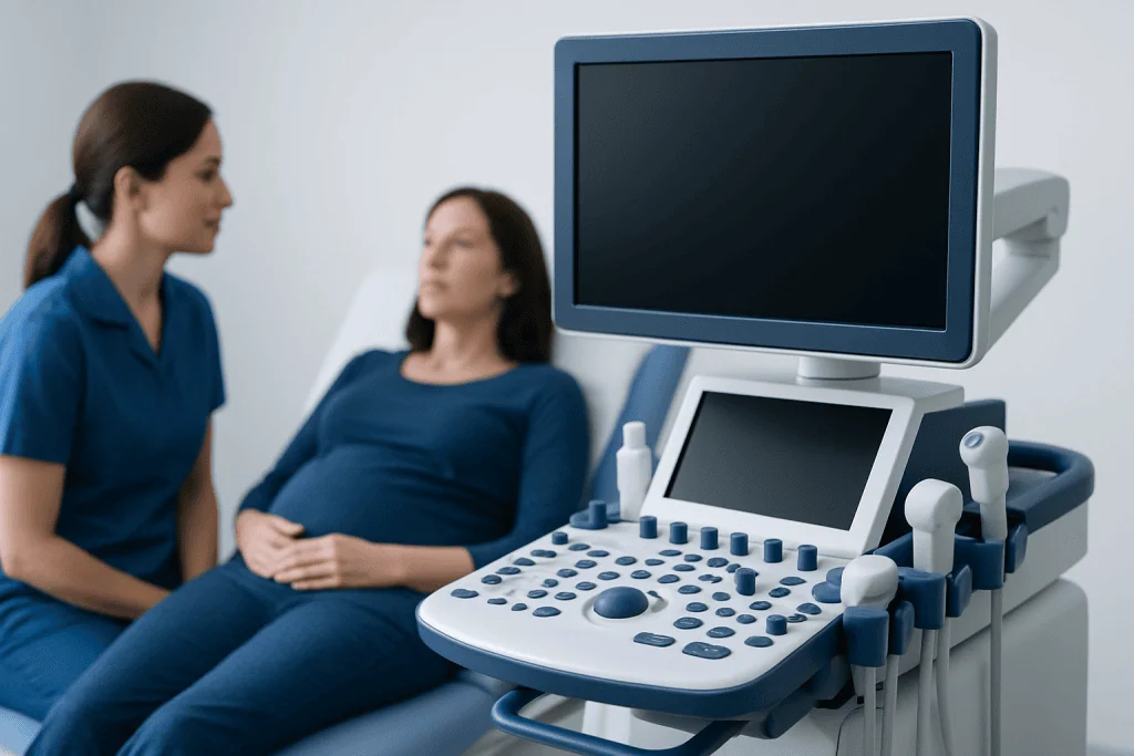 Medical ultrasound machine at a hospital with a patient and healthcare professional.