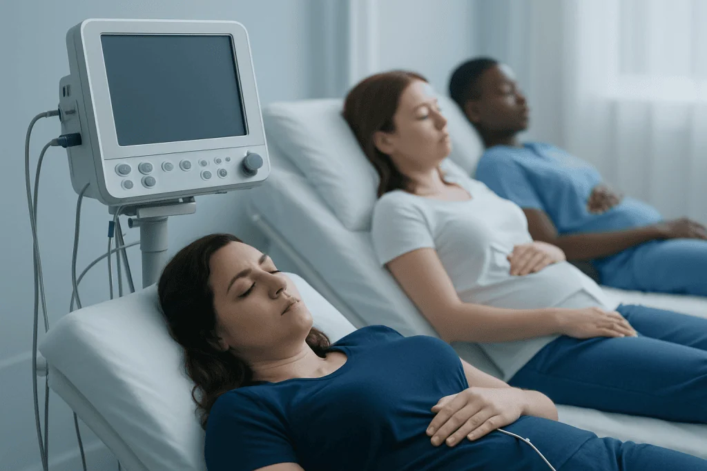 Patients resting in hospital beds with medical monitoring equipment nearby.