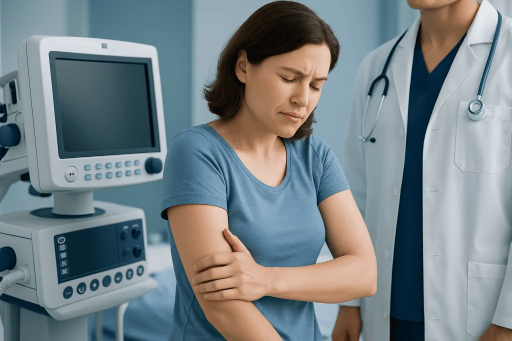 Woman experiencing pain under left armpit during medical consultation.