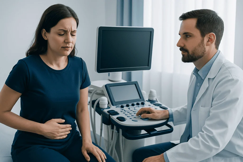 Woman experiencing abdominal pain during a medical consultation at Acibadem Hospital.