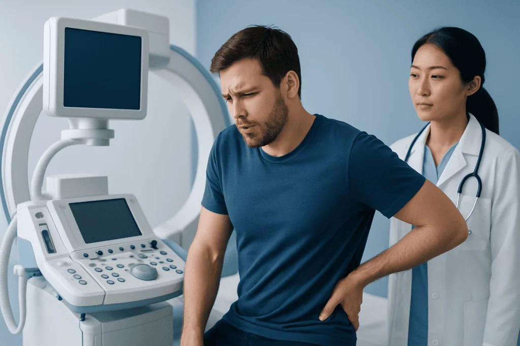 Man experiencing back pain during medical examination at hospital.