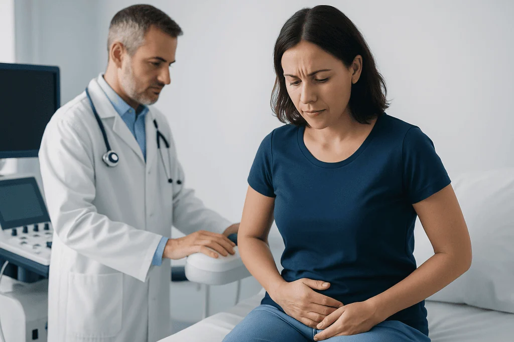 Doctor examining woman with stomach pain in clinic setting.
