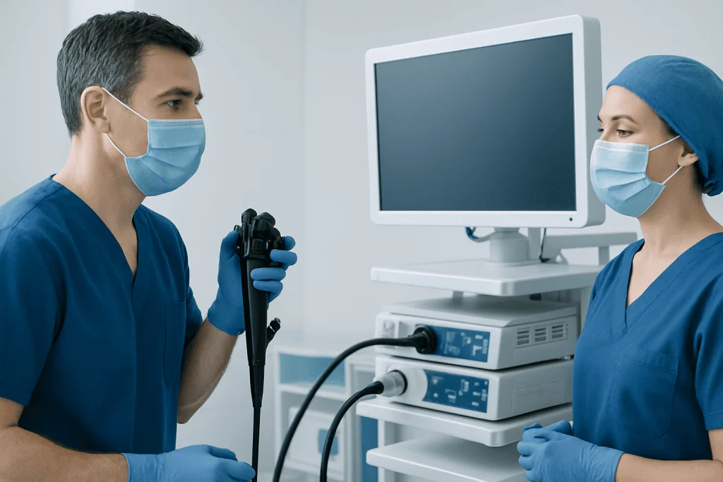 Medical professionals preparing for a procedure with endoscopy equipment.