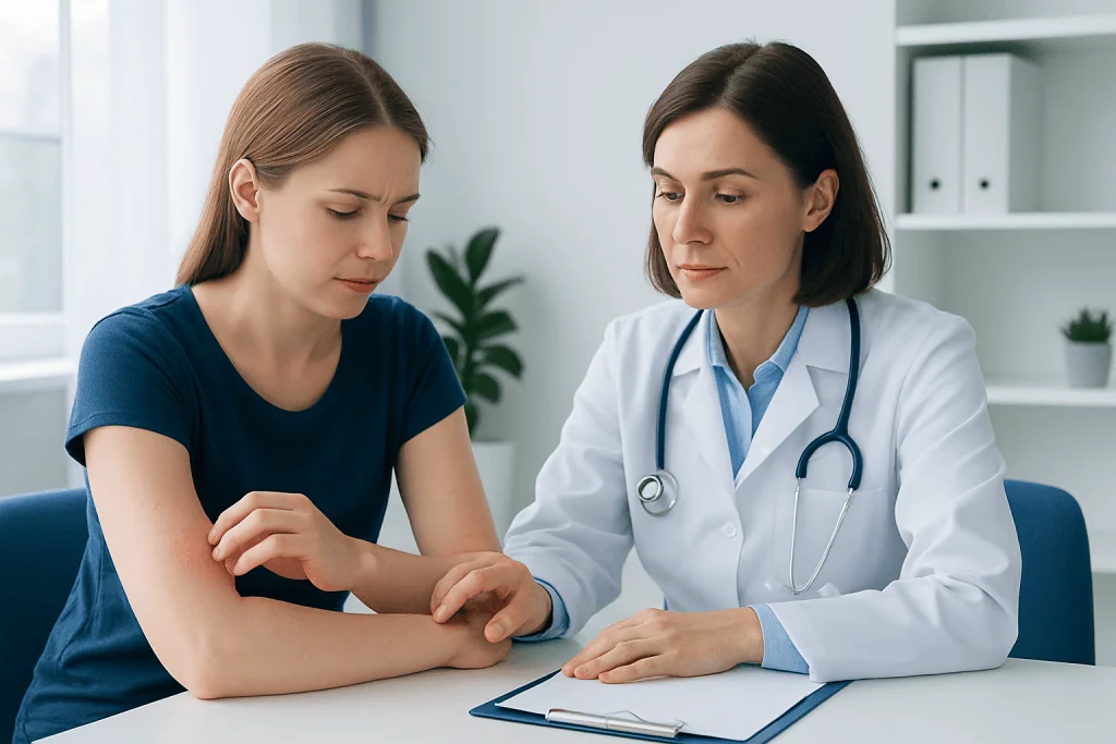 Doctor examining a patient's arm for skin issues in a clinic setting.