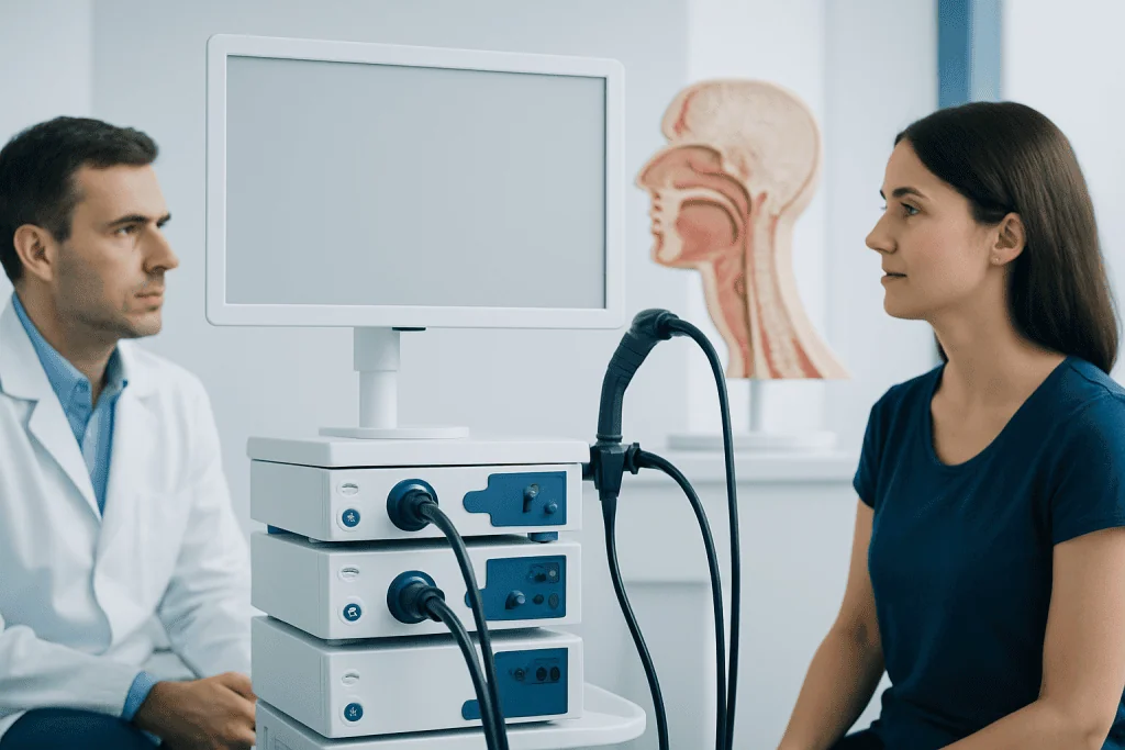 Doctor and patient during a medical consultation about the pharynx.