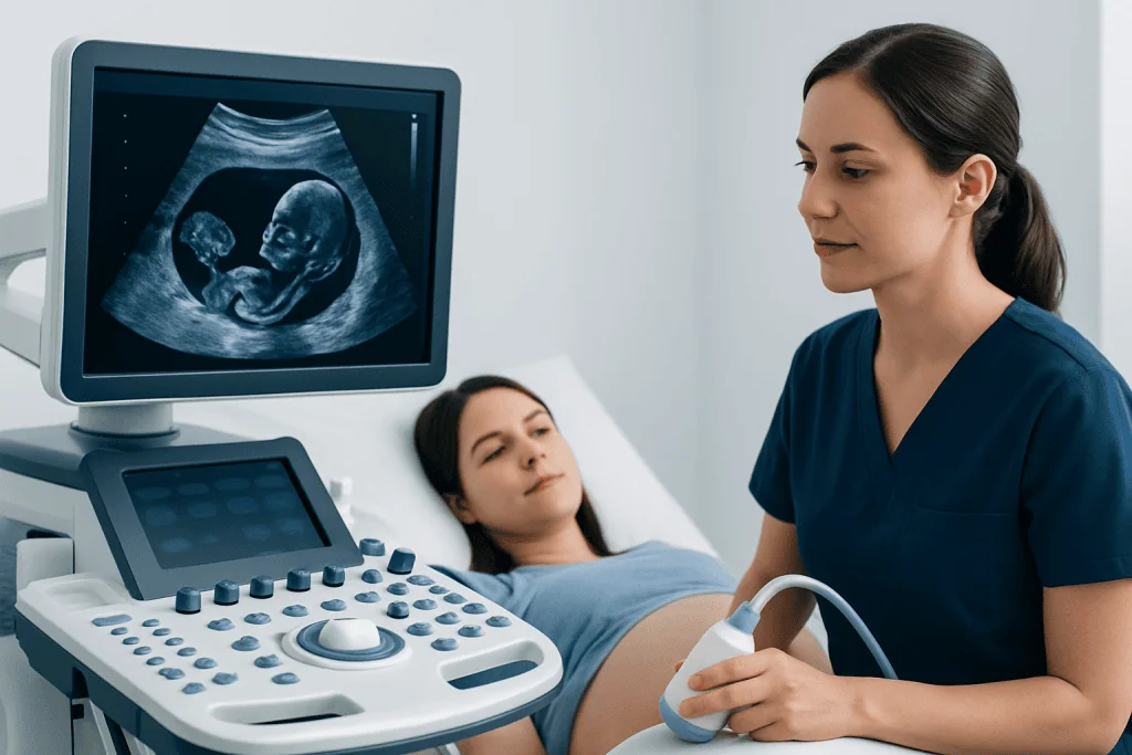 Medical professional performing an ultrasound on a pregnant woman in a hospital.