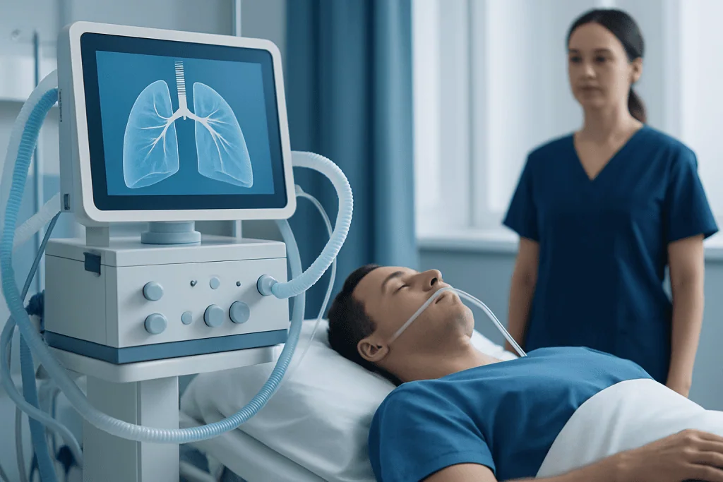 Patient undergoing lung examination with medical monitor in hospital.