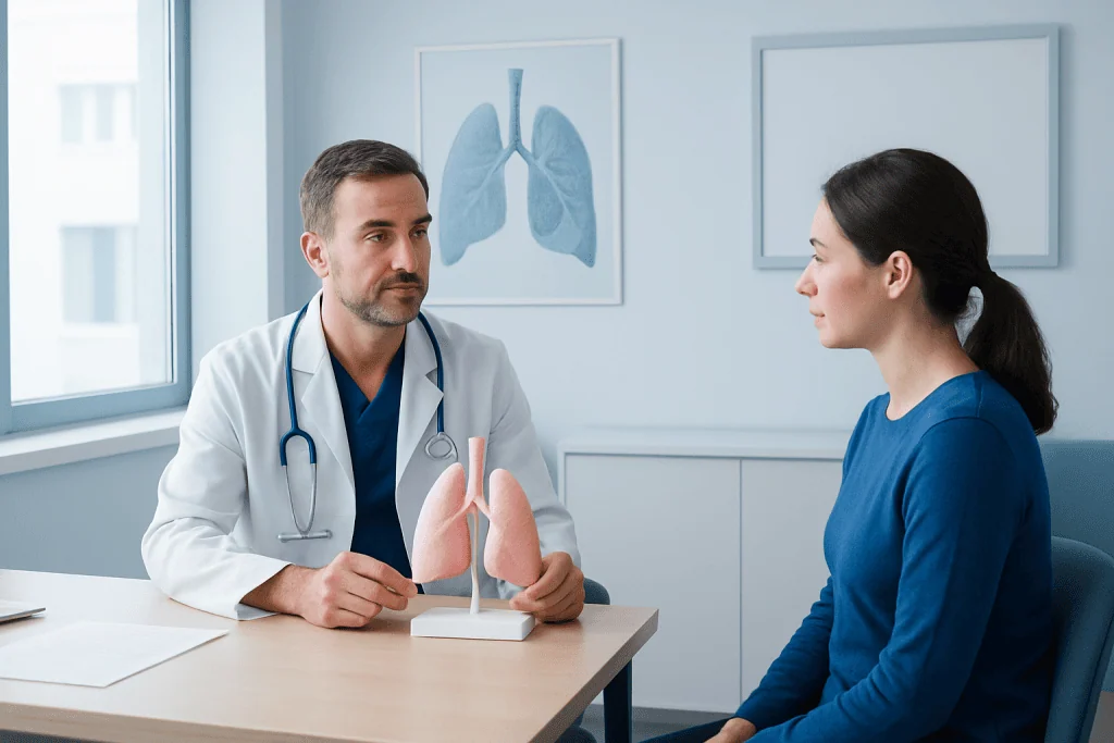 Doctor explaining lung anatomy to a patient in a medical consultation room.