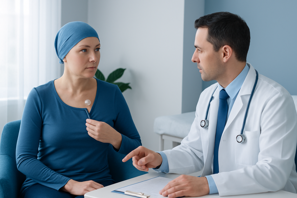 Doctor explains port catheter procedure to female patient in consultation room.