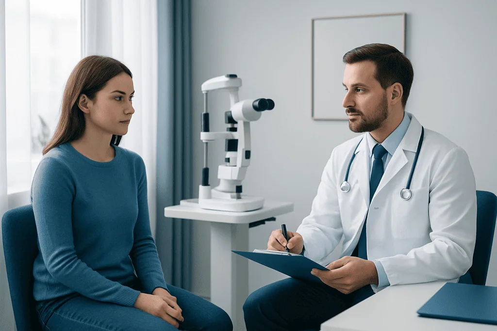 Ophthalmologist consulting with young female patient in clinic.