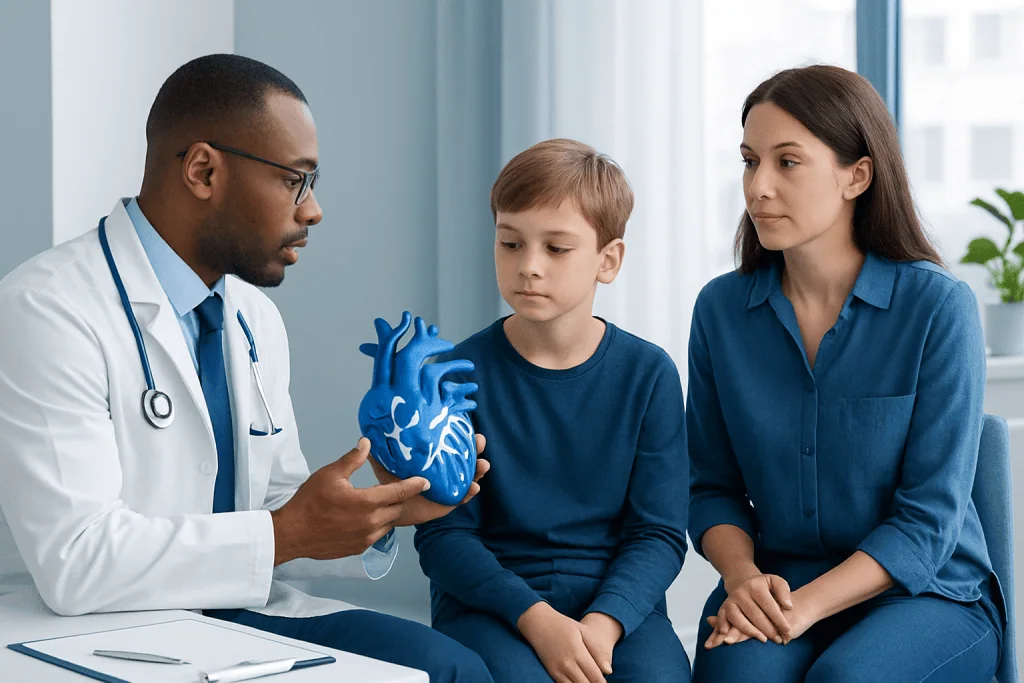 Pediatric cardiology consultation at Acibadem Hospital with doctor explaining heart health.