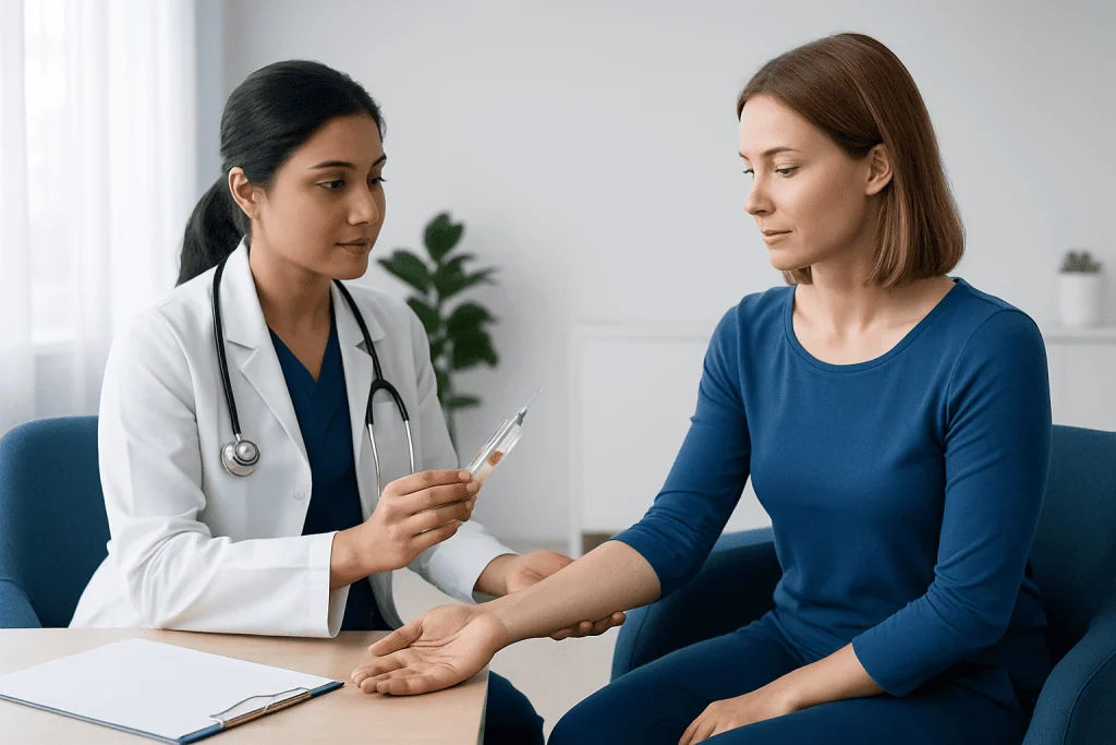 Doctor explaining treatment options to a patient in a clinic setting.