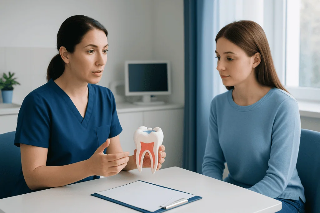 Dentist explaining dental sealants to a patient with a tooth model.