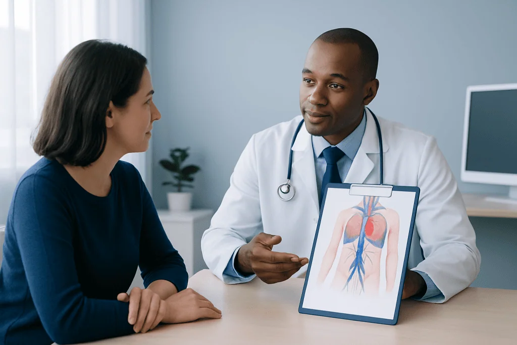 Doctor explaining IVC filter to patient with diagram of veins and filter.