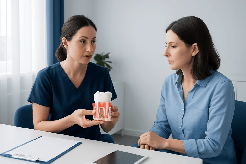 Dentist explaining dental filling to patient with model of tooth and gums.