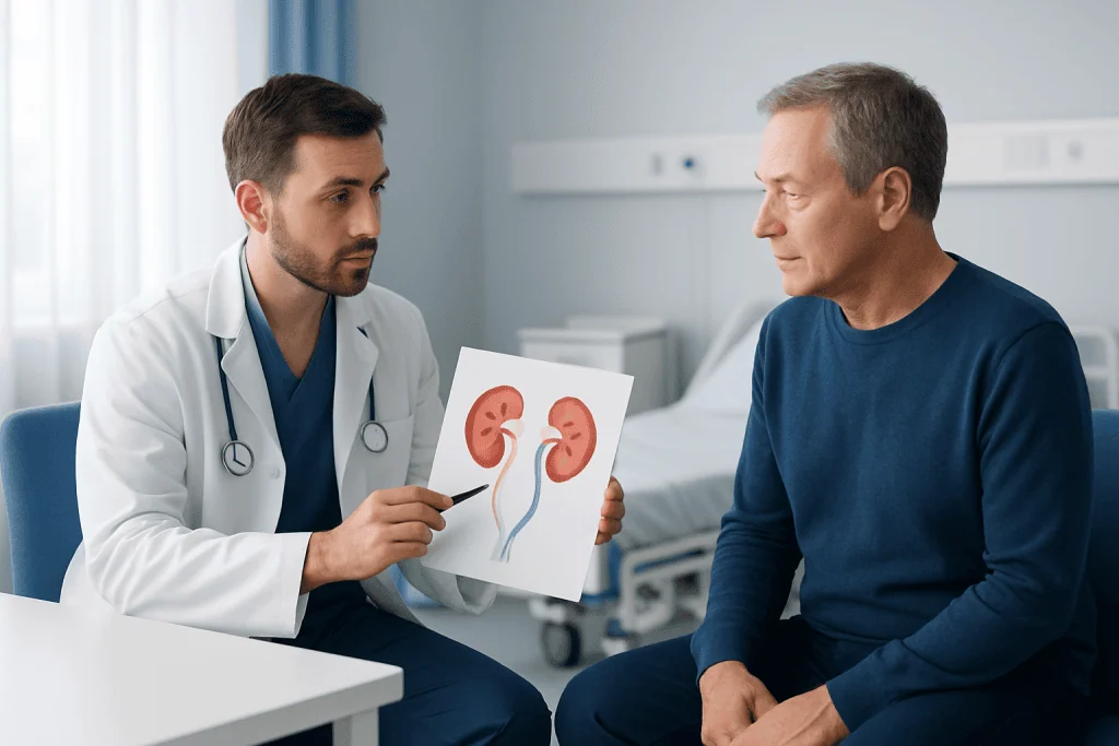 Doctor explaining kidney anatomy to patient with kidney diagram.